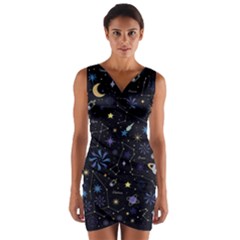 Starry Night  Space Constellations  Stars  Galaxy  Universe Graphic  Illustration Wrap Front Bodycon Dress by Pakjumat