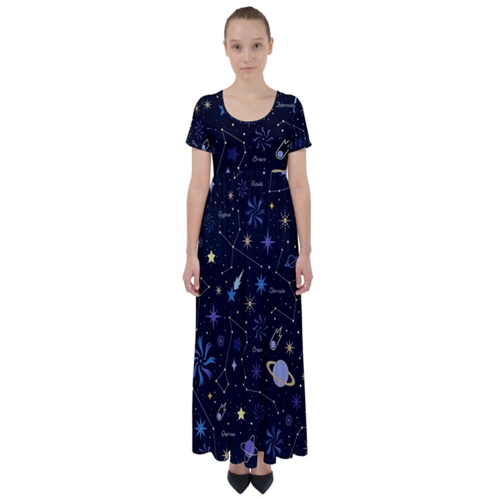 Starry Night  Space Constellations  Stars  Galaxy  Universe Graphic  Illustration High Waist Short Sleeve Maxi Dress