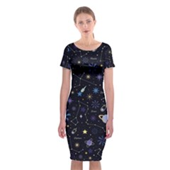 Starry Night  Space Constellations  Stars  Galaxy  Universe Graphic  Illustration Classic Short Sleeve Midi Dress by Pakjumat