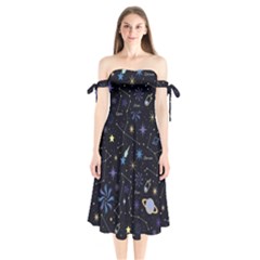 Starry Night  Space Constellations  Stars  Galaxy  Universe Graphic  Illustration Shoulder Tie Bardot Midi Dress by Pakjumat