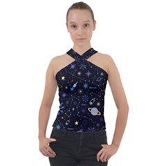 Starry Night  Space Constellations  Stars  Galaxy  Universe Graphic  Illustration Cross Neck Velour Top by Pakjumat