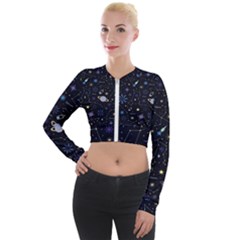 Starry Night  Space Constellations  Stars  Galaxy  Universe Graphic  Illustration Long Sleeve Cropped Velvet Jacket by Pakjumat