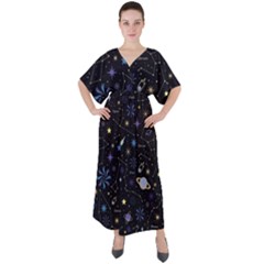 Starry Night  Space Constellations  Stars  Galaxy  Universe Graphic  Illustration V-neck Boho Style Maxi Dress by Pakjumat