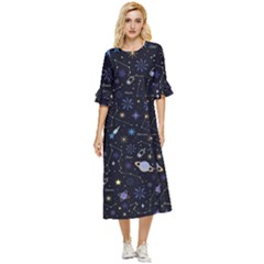 Starry Night  Space Constellations  Stars  Galaxy  Universe Graphic  Illustration Double Cuff Midi Dress by Pakjumat