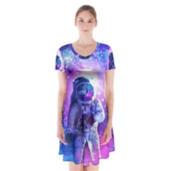 The Cosmonaut Galaxy Art Space Astronaut Short Sleeve V-neck Flare Dress by Pakjumat