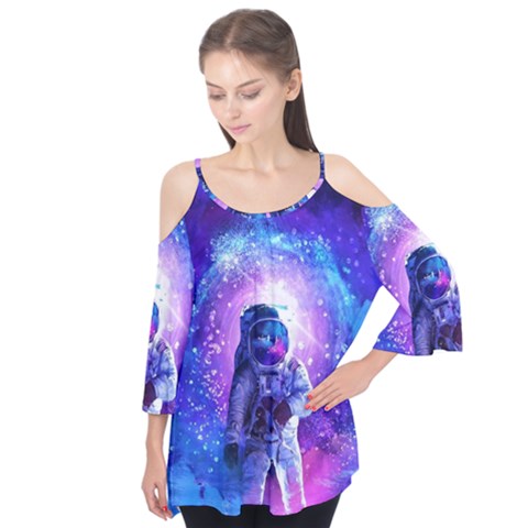 The Cosmonaut Galaxy Art Space Astronaut Flutter Sleeve T-shirt  by Pakjumat