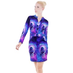 The Cosmonaut Galaxy Art Space Astronaut Button Long Sleeve Dress by Pakjumat