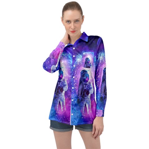 The Cosmonaut Galaxy Art Space Astronaut Long Sleeve Satin Shirt by Pakjumat