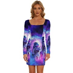 The Cosmonaut Galaxy Art Space Astronaut Long Sleeve Square Neck Bodycon Velvet Dress by Pakjumat