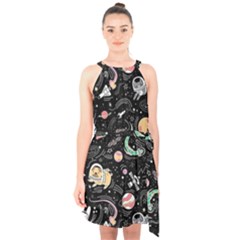 Animals Galaxy Space Halter Collar Waist Tie Chiffon Dress