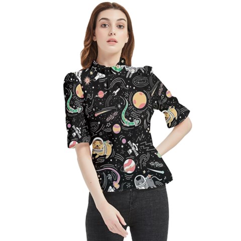 Animals Galaxy Space Frill Neck Blouse by Pakjumat