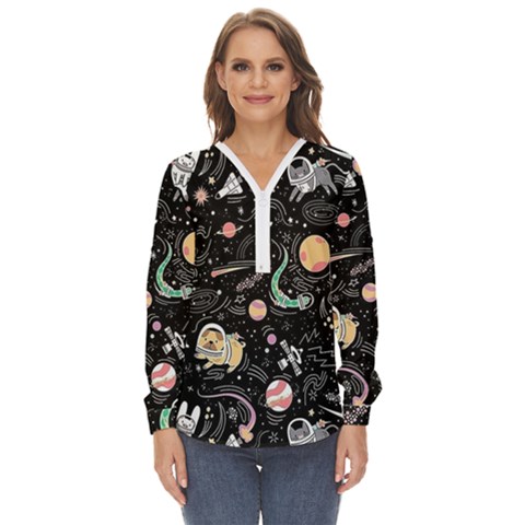 Animals Galaxy Space Zip Up Long Sleeve Blouse by Pakjumat