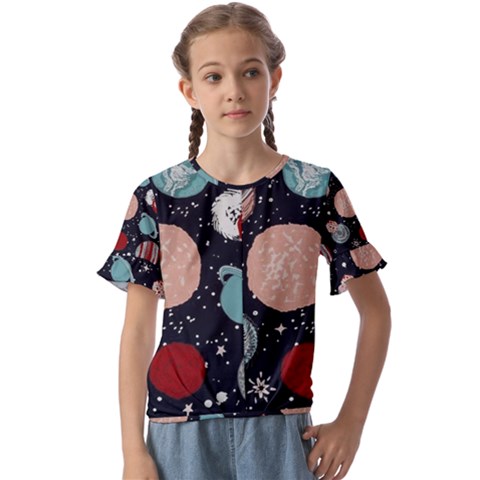 Space Galaxy Pattern Kids  Cuff Sleeve Scrunch Bottom T-shirt by Pakjumat