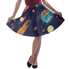 Space Galaxy Planet Universe Stars Night Fantasy A-line Skater Skirt by Pakjumat