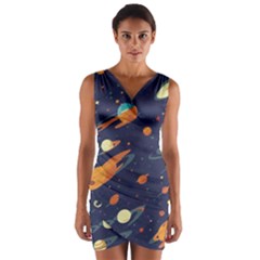 Space Galaxy Planet Universe Stars Night Fantasy Wrap Front Bodycon Dress by Pakjumat