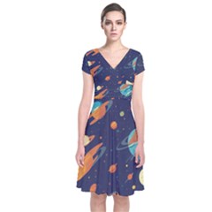 Space Galaxy Planet Universe Stars Night Fantasy Short Sleeve Front Wrap Dress by Pakjumat