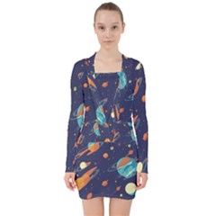 Space Galaxy Planet Universe Stars Night Fantasy V-neck Bodycon Long Sleeve Dress by Pakjumat