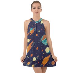 Space Galaxy Planet Universe Stars Night Fantasy Halter Tie Back Chiffon Dress by Pakjumat