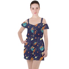 Space Galaxy Planet Universe Stars Night Fantasy Ruffle Cut Out Chiffon Playsuit by Pakjumat