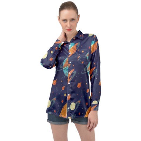 Space Galaxy Planet Universe Stars Night Fantasy Long Sleeve Satin Shirt by Pakjumat