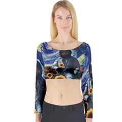 Starry Surreal Psychedelic Astronaut Space Long Sleeve Crop Top by Pakjumat