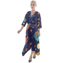 Space Galaxy Planet Universe Stars Night Fantasy Quarter Sleeve Wrap Front Maxi Dress by Pakjumat