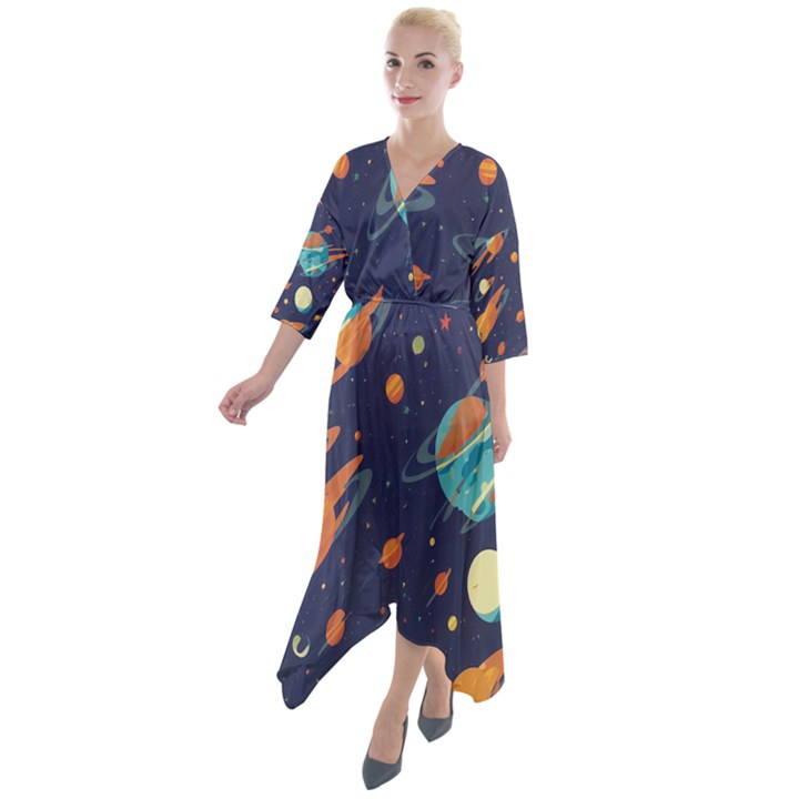 Space Galaxy Planet Universe Stars Night Fantasy Quarter Sleeve Wrap Front Maxi Dress