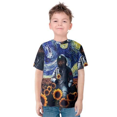 Starry Surreal Psychedelic Astronaut Space Kids  Cotton T-shirt by Pakjumat