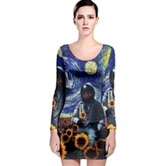 Starry Surreal Psychedelic Astronaut Space Long Sleeve Bodycon Dress by Pakjumat