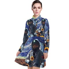 Starry Surreal Psychedelic Astronaut Space Long Sleeve Chiffon Shirt Dress by Pakjumat