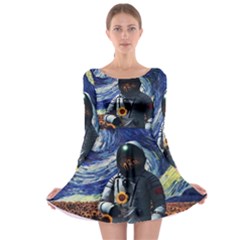 Starry Surreal Psychedelic Astronaut Space Long Sleeve Skater Dress by Pakjumat