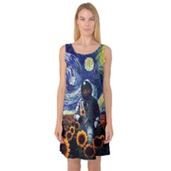 Starry Surreal Psychedelic Astronaut Space Sleeveless Satin Nightdress by Pakjumat