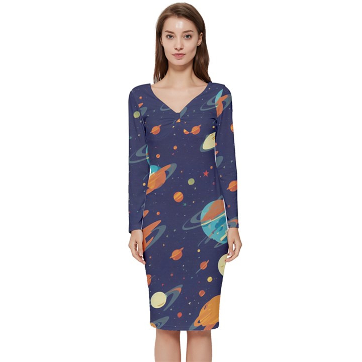 Space Galaxy Planet Universe Stars Night Fantasy Long Sleeve V-Neck Bodycon Dress 