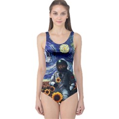 Starry Surreal Psychedelic Astronaut Space One Piece Swimsuit by Pakjumat