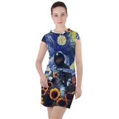 Starry Surreal Psychedelic Astronaut Space Drawstring Hooded Dress by Pakjumat