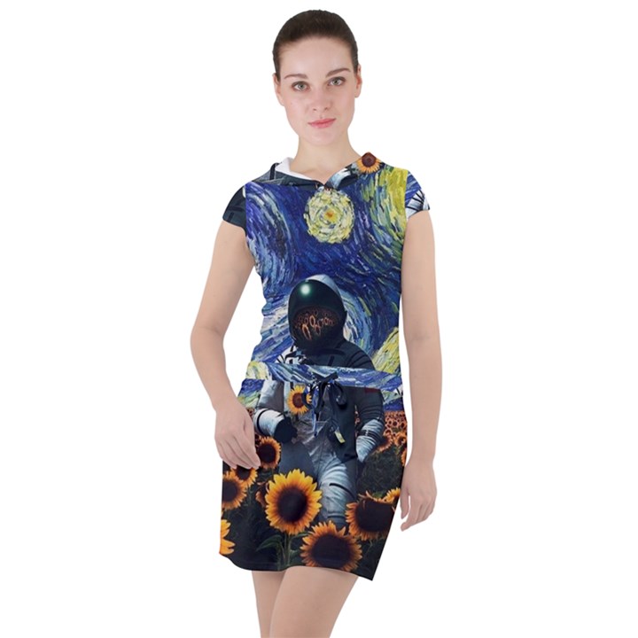 Starry Surreal Psychedelic Astronaut Space Drawstring Hooded Dress