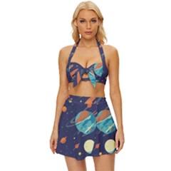 Space Galaxy Planet Universe Stars Night Fantasy Vintage Style Bikini Top And Skirt Set 