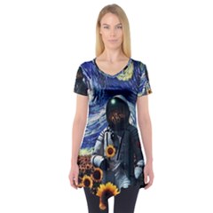 Starry Surreal Psychedelic Astronaut Space Short Sleeve Tunic  by Pakjumat