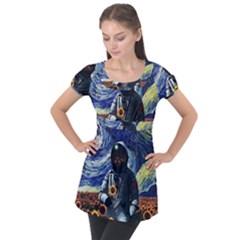 Starry Surreal Psychedelic Astronaut Space Puff Sleeve Tunic Top by Pakjumat