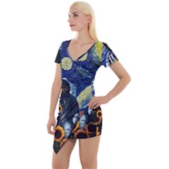 Starry Surreal Psychedelic Astronaut Space Short Sleeve Asymmetric Mini Dress by Pakjumat