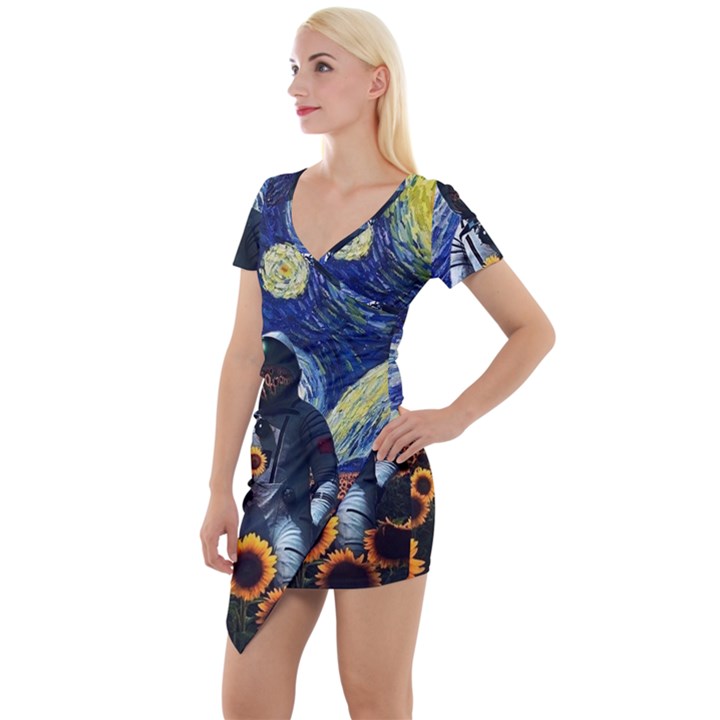 Starry Surreal Psychedelic Astronaut Space Short Sleeve Asymmetric Mini Dress