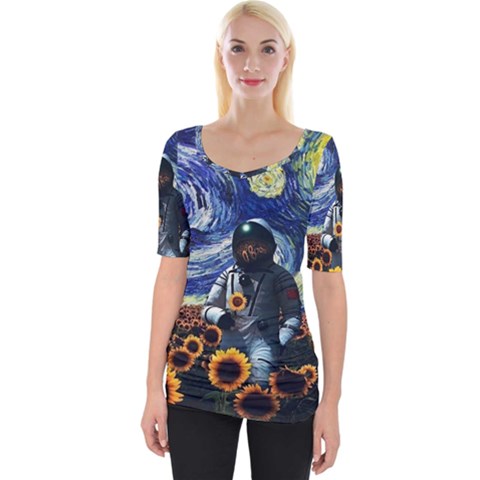 Starry Surreal Psychedelic Astronaut Space Wide Neckline T-shirt by Pakjumat