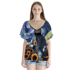 Starry Surreal Psychedelic Astronaut Space V-neck Flutter Sleeve Top by Pakjumat