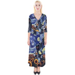 Starry Surreal Psychedelic Astronaut Space Quarter Sleeve Wrap Maxi Dress by Pakjumat