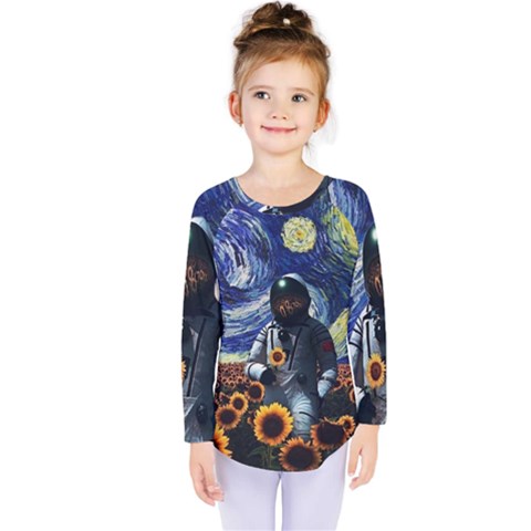 Starry Surreal Psychedelic Astronaut Space Kids  Long Sleeve T-shirt by Pakjumat