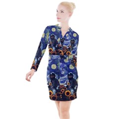 Starry Surreal Psychedelic Astronaut Space Button Long Sleeve Dress by Pakjumat