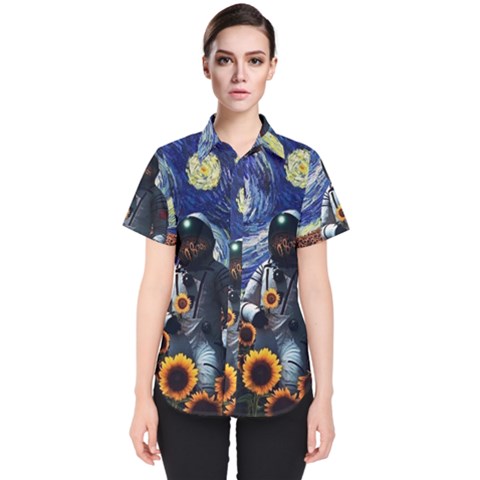 Starry Surreal Psychedelic Astronaut Space Women s Short Sleeve Shirt by Pakjumat