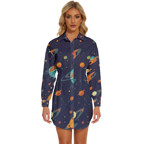 Space Galaxy Planet Universe Stars Night Fantasy Womens Long Sleeve Shirt Dress by Pakjumat