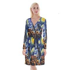 Starry Surreal Psychedelic Astronaut Space Long Sleeve Velvet Front Wrap Dress by Pakjumat