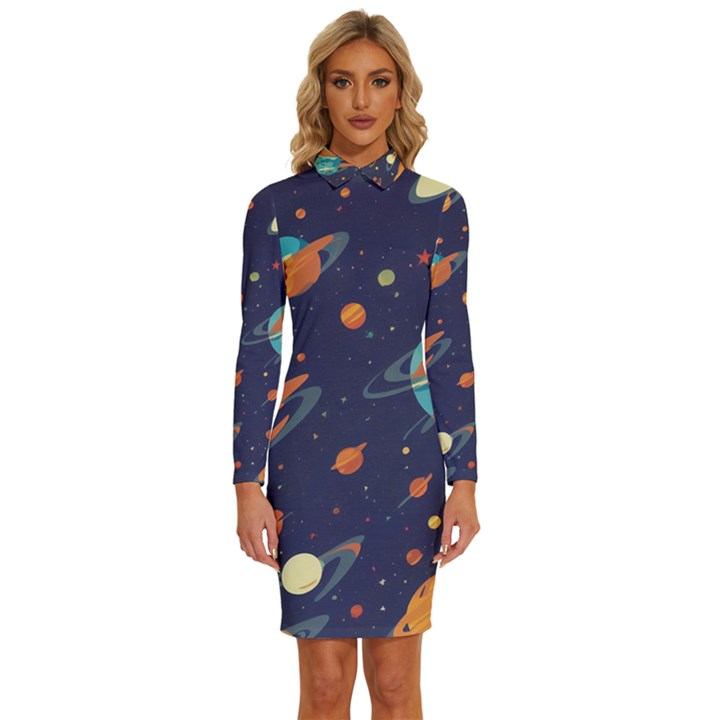 Space Galaxy Planet Universe Stars Night Fantasy Long Sleeve Shirt Collar Bodycon Dress